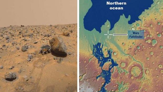 Izquierda: vista del rover Sojourner desde el módulo de aterrizaje Pathfinder. Una gran proporción de las rocas podrían haber sido erosionadas por inundaciones de desbordamiento. Derecha: reconstrucción del mar interior hace 3.400 millones de años